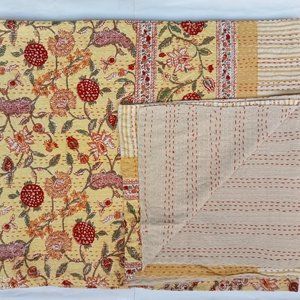 Queen size Kantha Bed Sheet Double layer hand printed Kantha Throw